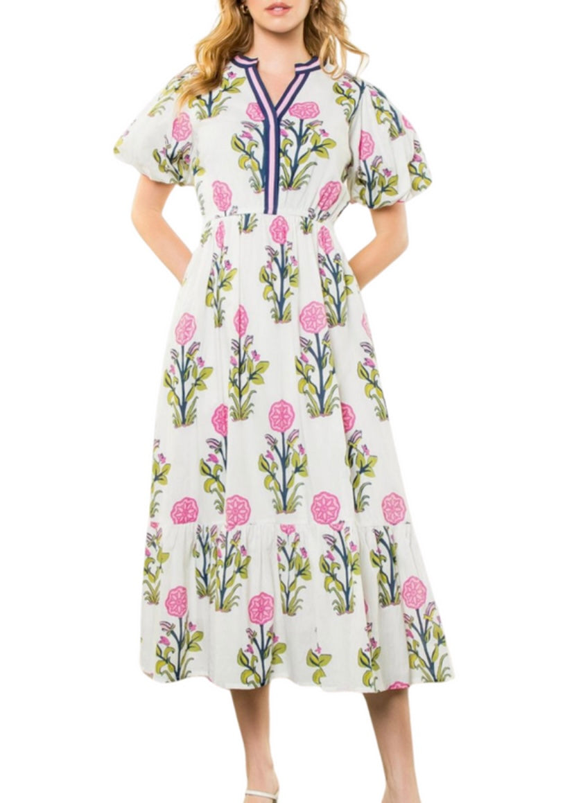 White Floral Print Midi Dress