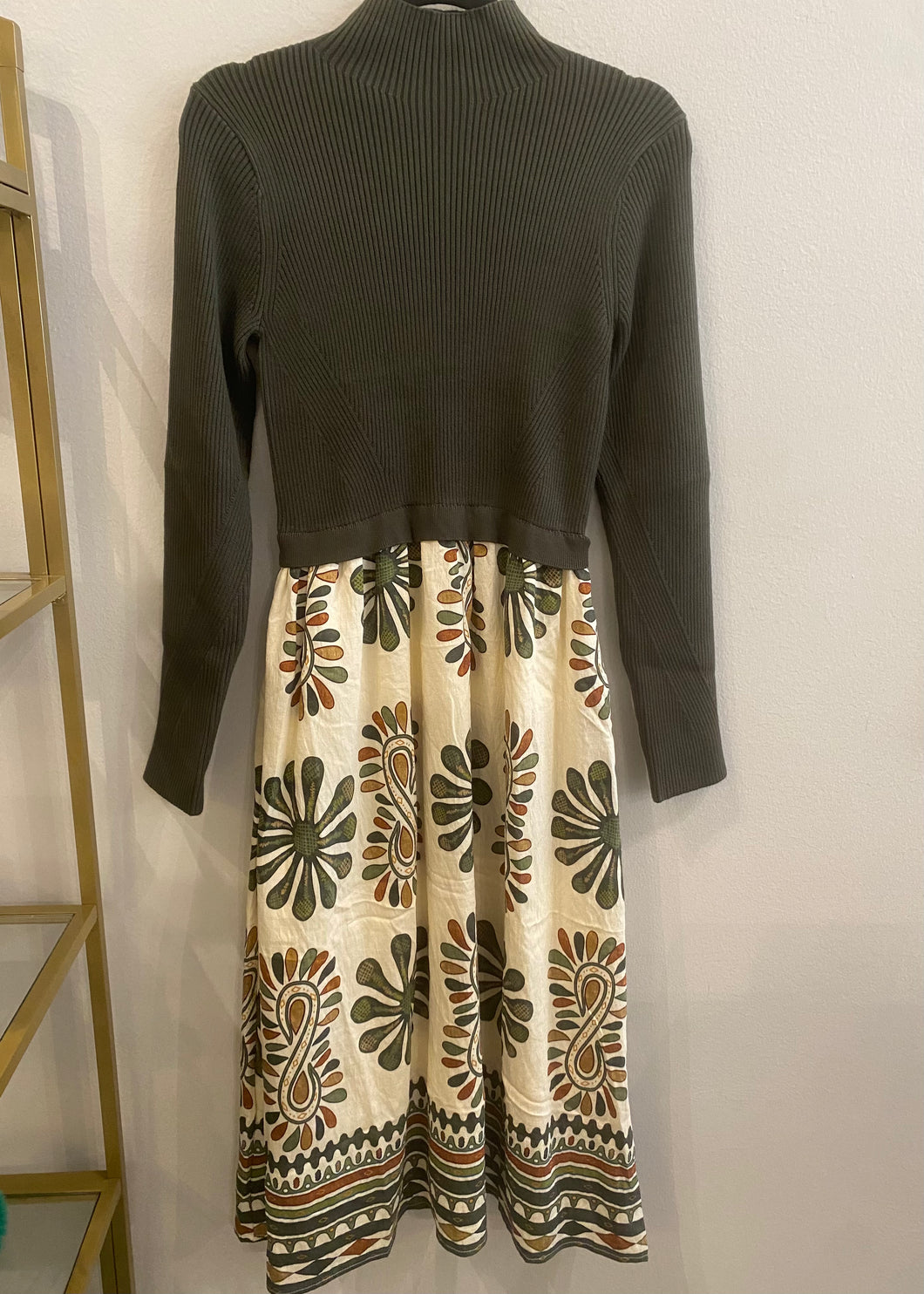 Ribbed Knit Top Printed Woven Skirt Midi Dress