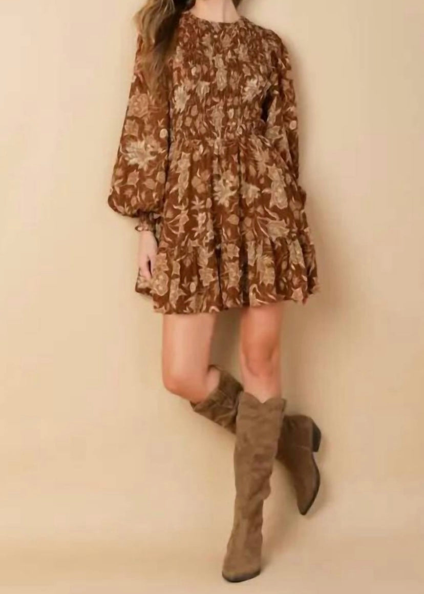 Brown Printed Woven Mini Dress