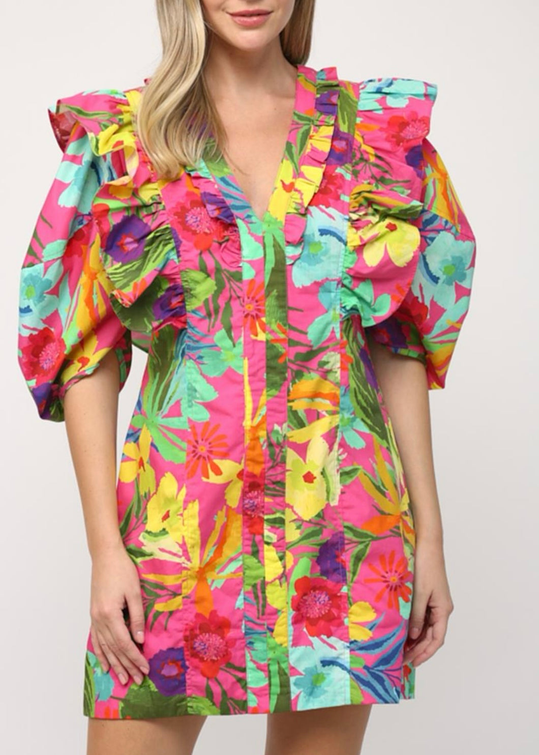Tropical Print Puff Sleeve Dress