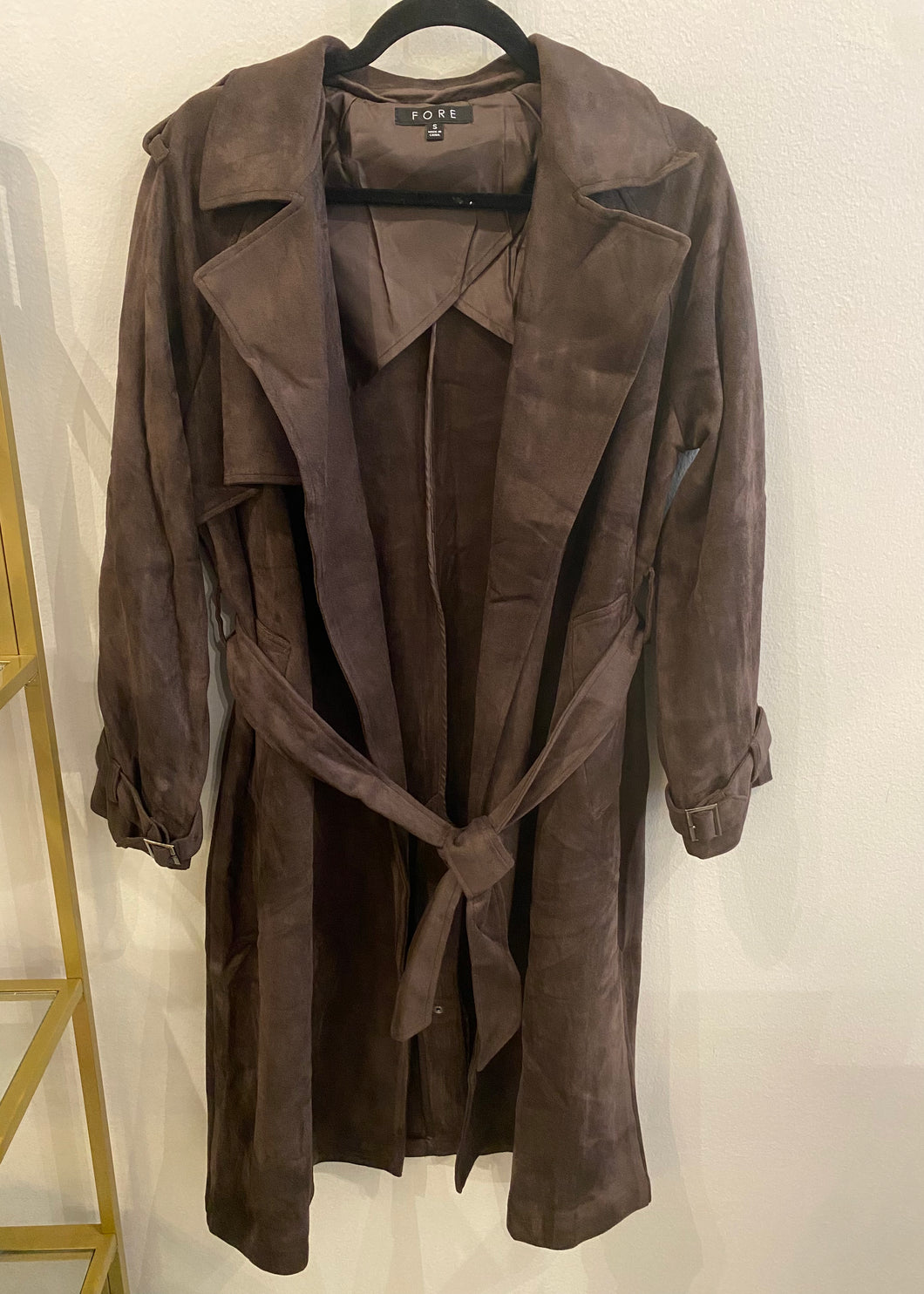 Dark Brown Suede Tie Waist Trench Coat