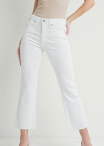 White High Rise Distressed Crop Flare