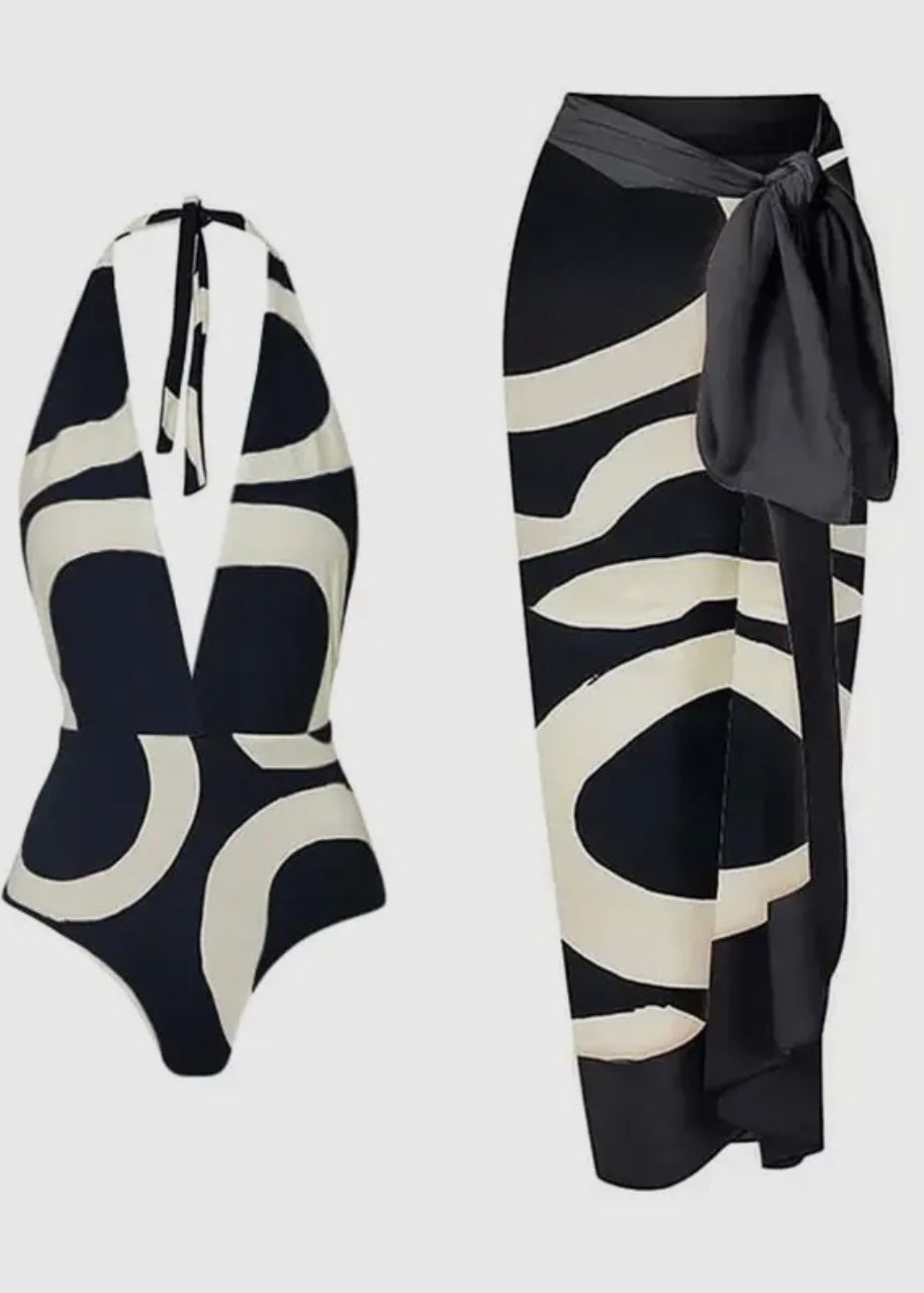Black and White One Piece with Wrap Cover Up