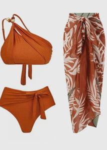 Brown High Waist 2PC with Leaves Print Wrap Cover Up