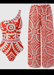 Red Geo Print One Shoulder Swim with Matching Cover Up Pants