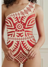 Load image into Gallery viewer, Red Geo Print One Shoulder Swim with Matching Cover Up Pants
