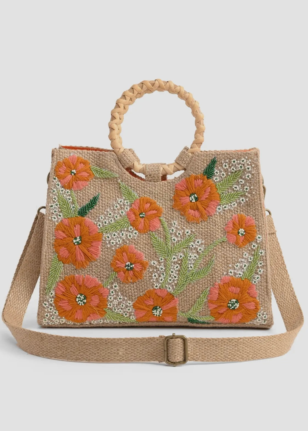 Floral Beaded Jute Bag