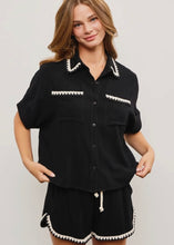Load image into Gallery viewer, Black Embroidered Detail Short Sleeve Button Down Top
