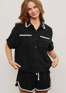 Black Embroidered Detail Short Sleeve Button Down Top