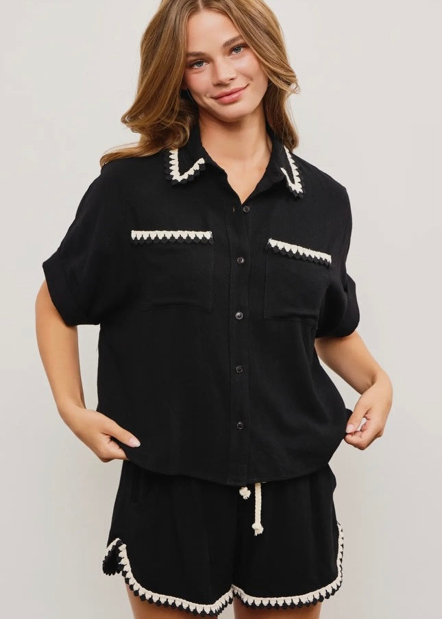 Black Embroidered Detail Short Sleeve Button Down Top