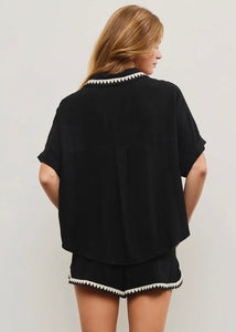 Black Embroidered Detail Short Sleeve Button Down Top