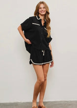 Load image into Gallery viewer, Black Embroidered Detail Short Sleeve Button Down Top
