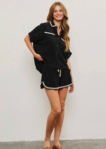 Black Embroidered Detail Short Sleeve Button Down Top