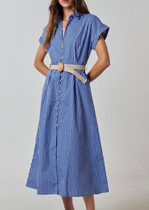 Royal Blue Striped Belted Maxi Dress