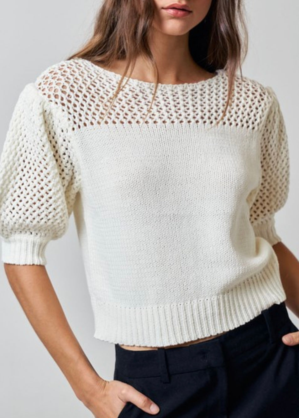 White Crochet Puff Knit Sweater Top