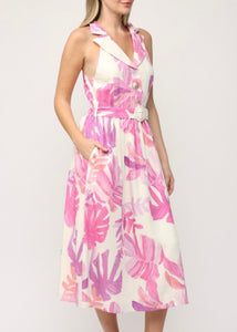 Pink Floral Belted Midi Dress