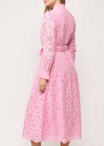 Pink Lace Belted Midi Dress