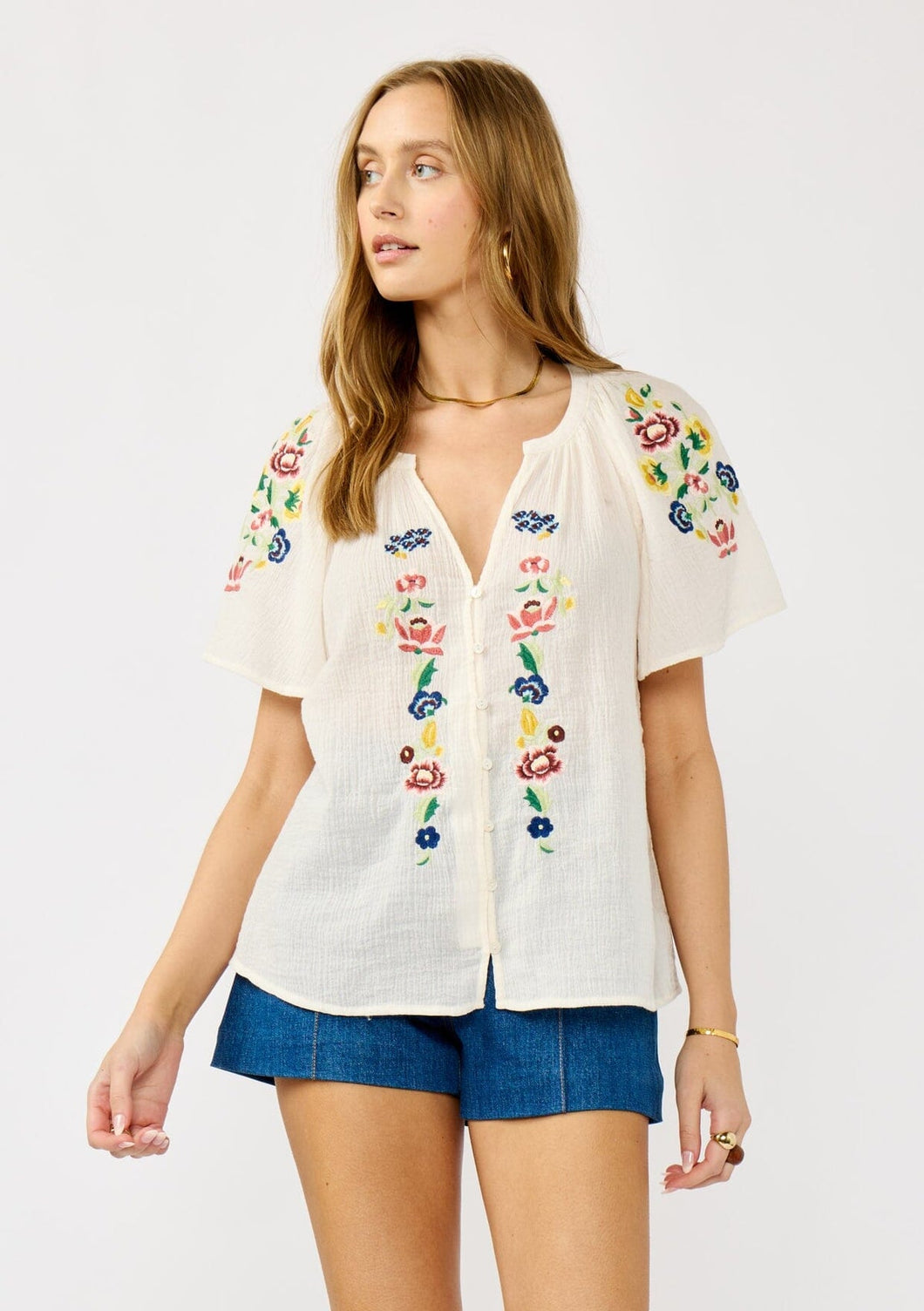 Summer Embroidered Split Neck Top
