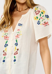 Summer Embroidered Split Neck Top