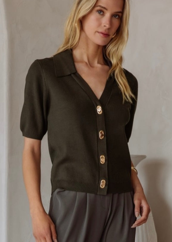 Knit Top With Gold Twist Lock Buttons
