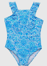 Load image into Gallery viewer, Kids Blue Print Ruffle Shoulder Swim
