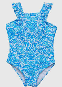 Kids Blue Print Ruffle Shoulder Swim
