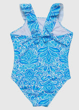 Load image into Gallery viewer, Kids Blue Print Ruffle Shoulder Swim
