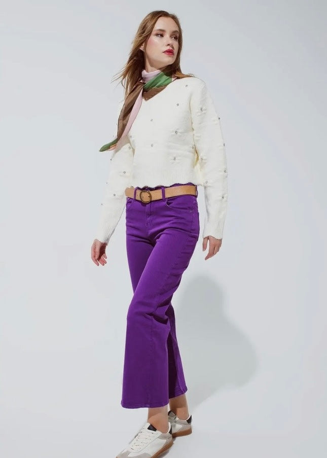 Purple Cropped Wide Leg Jeans