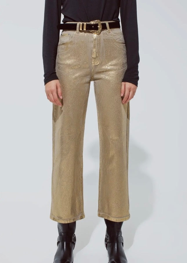 Gold Straight Leg Jeans With Metallic Glow