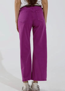 Magenta Wide Leg Jeans With Gold