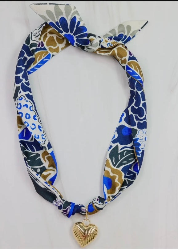 Blue Printed Scarf Charm Necklace