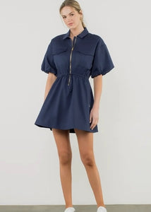 Half Zip Drawstring Puff Sleeve Dress