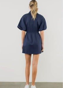 Half Zip Drawstring Puff Sleeve Dress