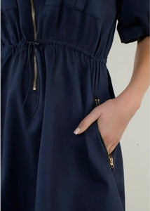 Half Zip Drawstring Puff Sleeve Dress