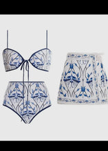 Load image into Gallery viewer, Blue And White Printed High WaistedTwo Piece With Matching Sarong
