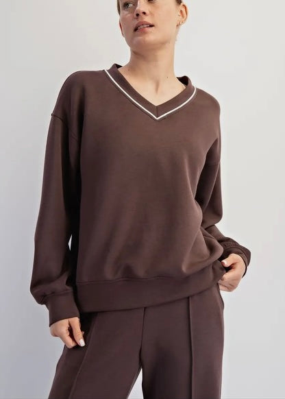 Espresso Modal Piping V-Neck Top