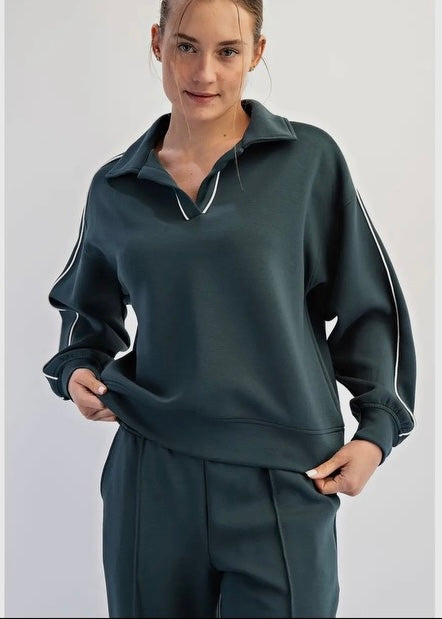 Midnight Green Modal Piping Polo Top