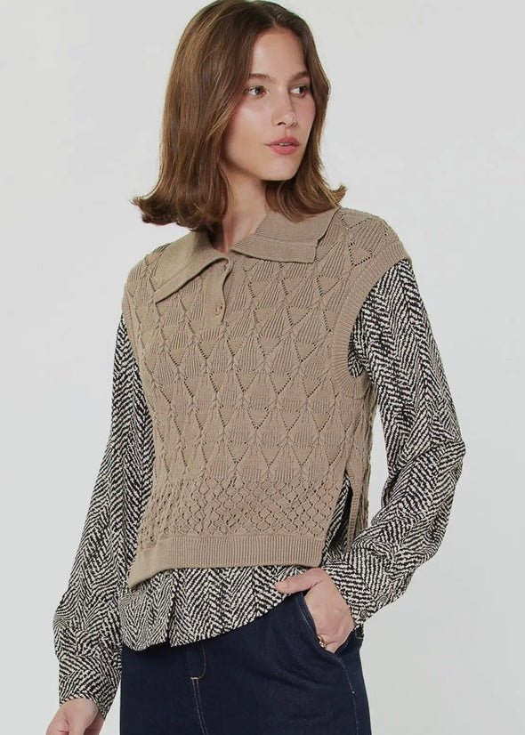 Spread Collar Woven Combo Sweater