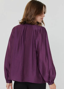 Purple Split Neck Shoulder Pleat Detail Top