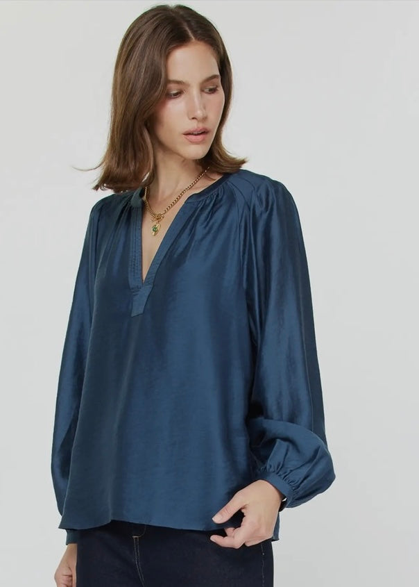 Blue Split Neck Shoulder Pleat Detail Blouse