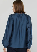Load image into Gallery viewer, Blue Split Neck Shoulder Pleat Detail Blouse
