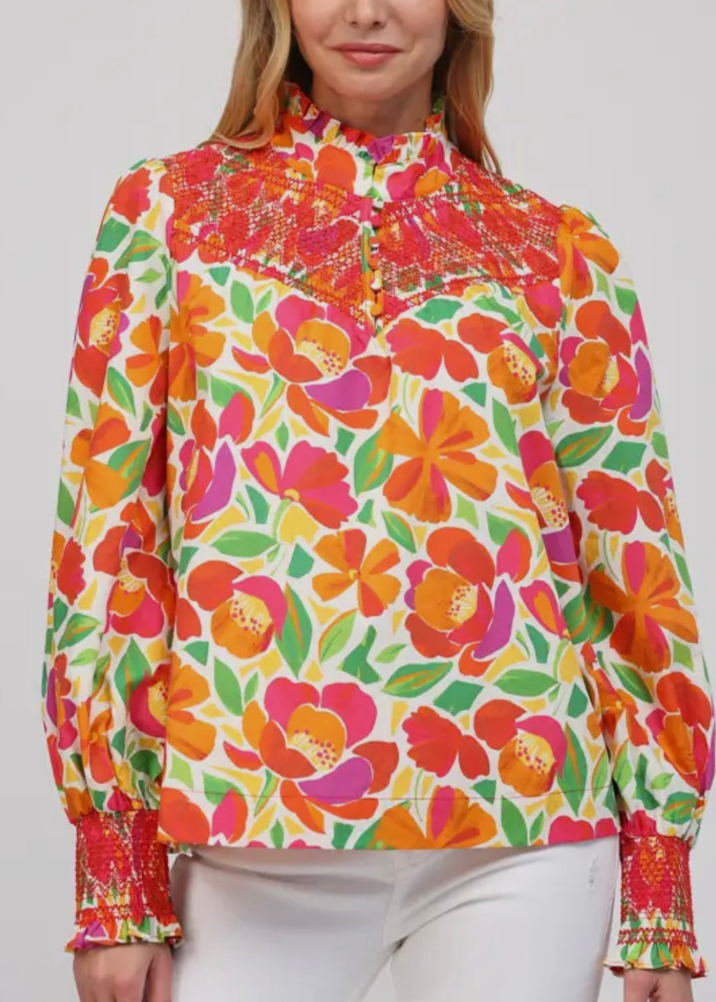 Floral Poplin High Neck Blouse