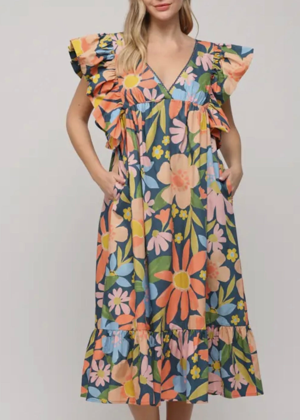 Floral Ruffle Sleeve Midi Dress