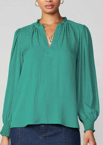 Green Smocked Cuff Top