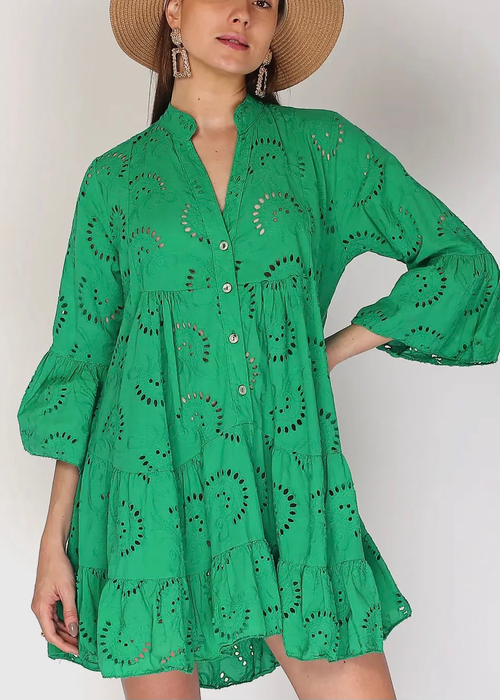 Green English Embroidery Dress