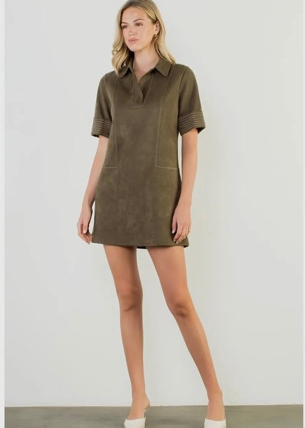 Short Sleeve Collared Suede Dress