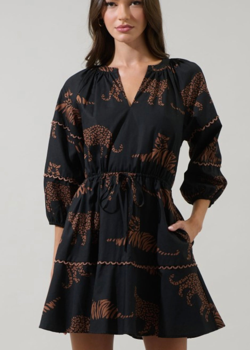 Jungle Split Neck Mini Dress