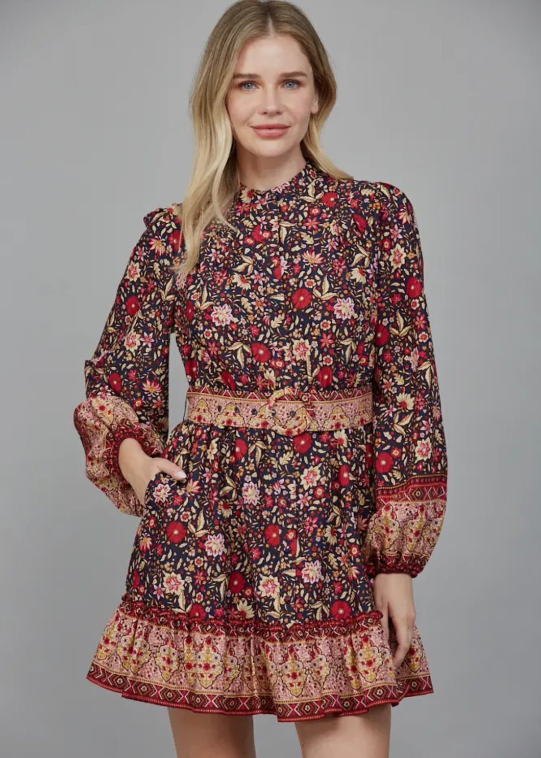 Border Print Belted Button Down Mini Dress