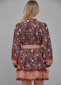 Border Print Belted Button Down Mini Dress