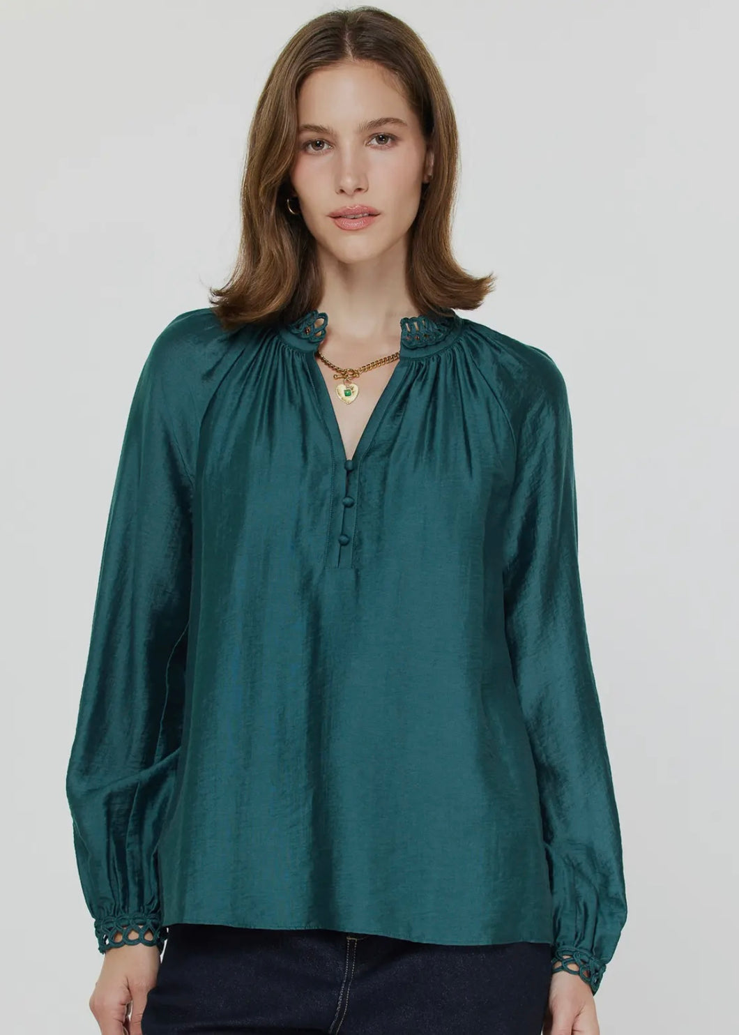 Split Neck Cuff Detail Blouse